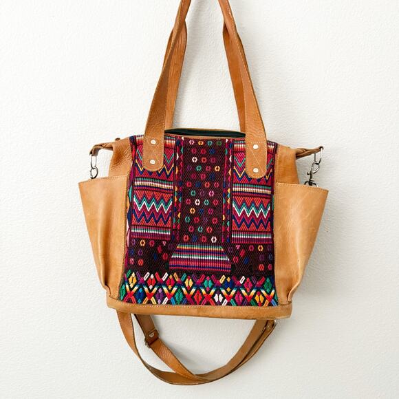 HUIPIL | Convertible Crossbody Shoulder Bag Backpack Leather Woven Textile Tan - Picture 1 of 7